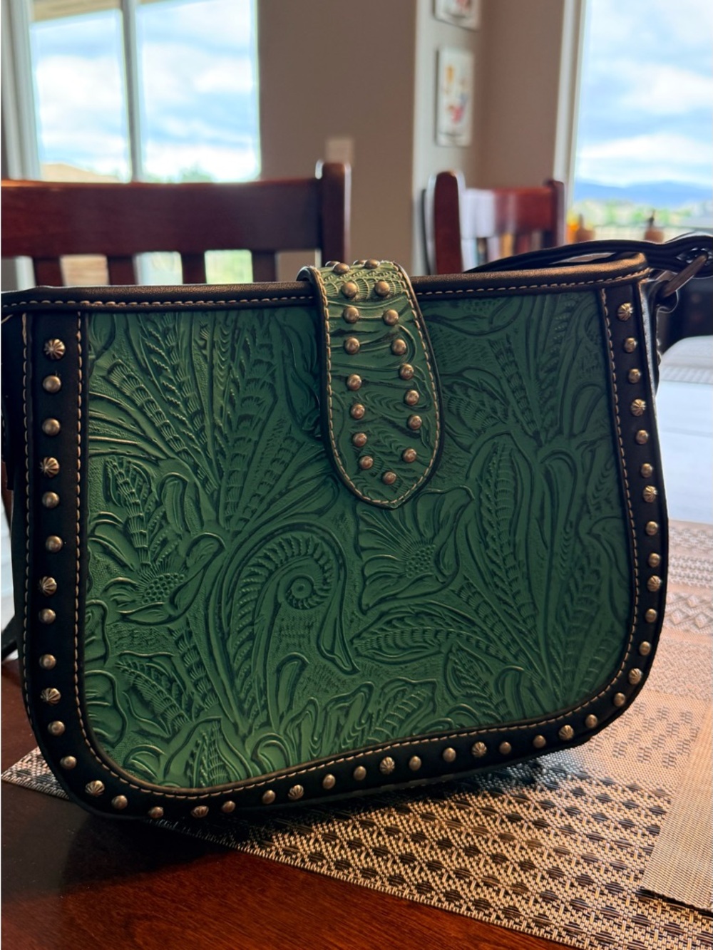 Montana West Green Tooled Leather Studded Shoulder Bag